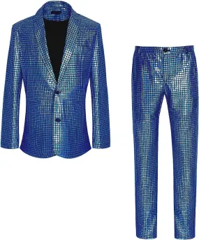 2 Pcs Men's Metallic Suit  Sequined Suit Slim Leisure Suit Disco outfit