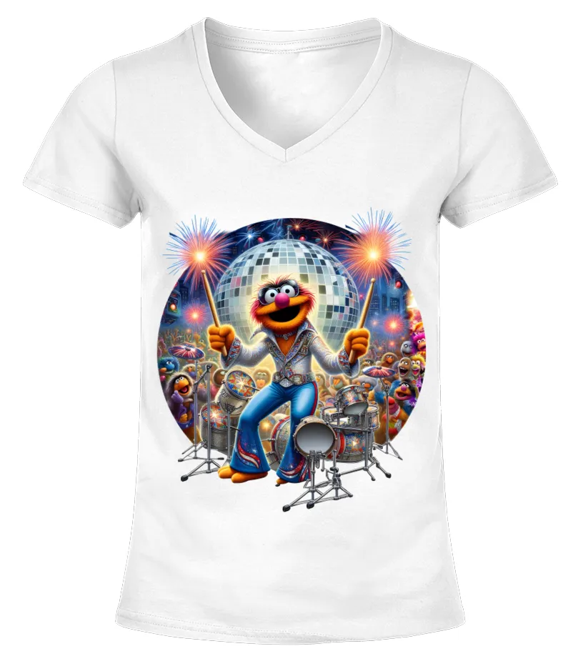 Animal Playing Drums, Disco Outfit Camiseta cuello pico Mujer