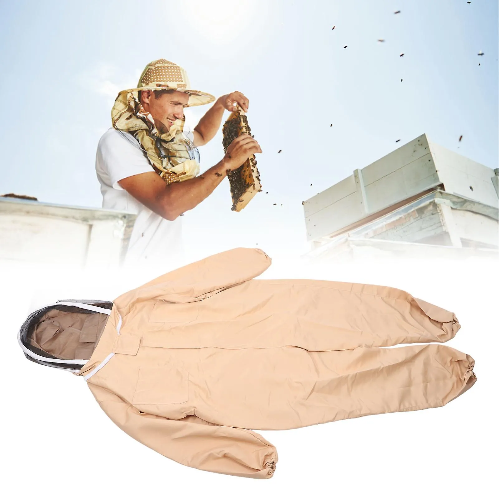 Beekeeping Suit Canvas Full Body Beekeeper Outfit Protective Clothing with Glovers for Men Women Light Coffee