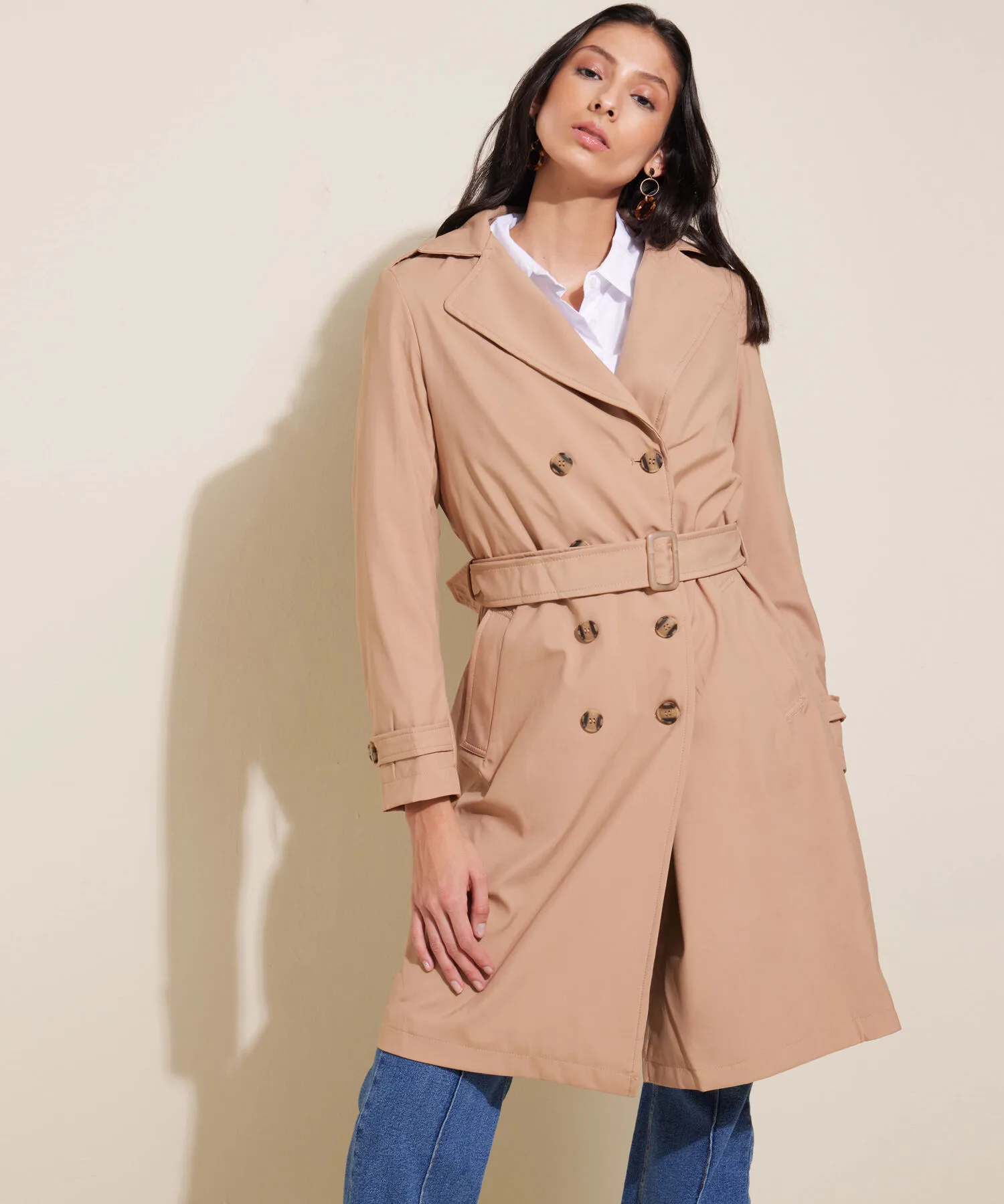 Chaqueta Trench Con Cinturon De Ajuste Manga Larga-