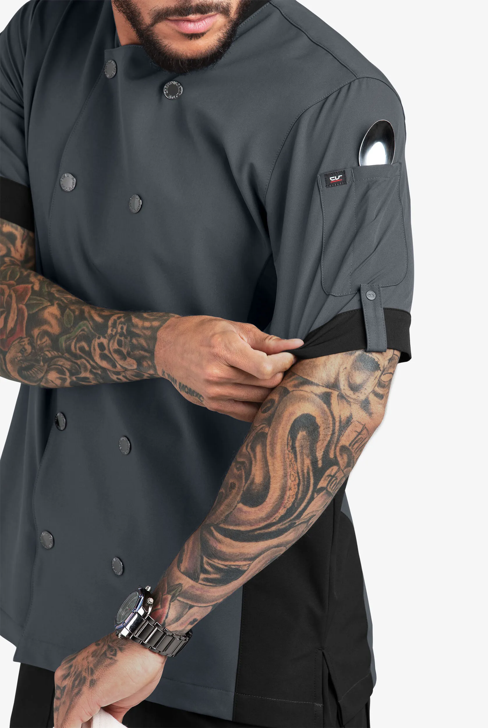 CHEF PERFORMANCE Men's 1-Pocket w/ hidden MESH Back Vent Snap Closure STRETCH Chef Coat