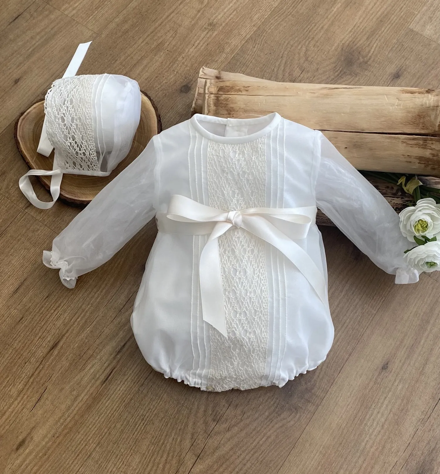 Christening outfit in long marl. Romper and hood