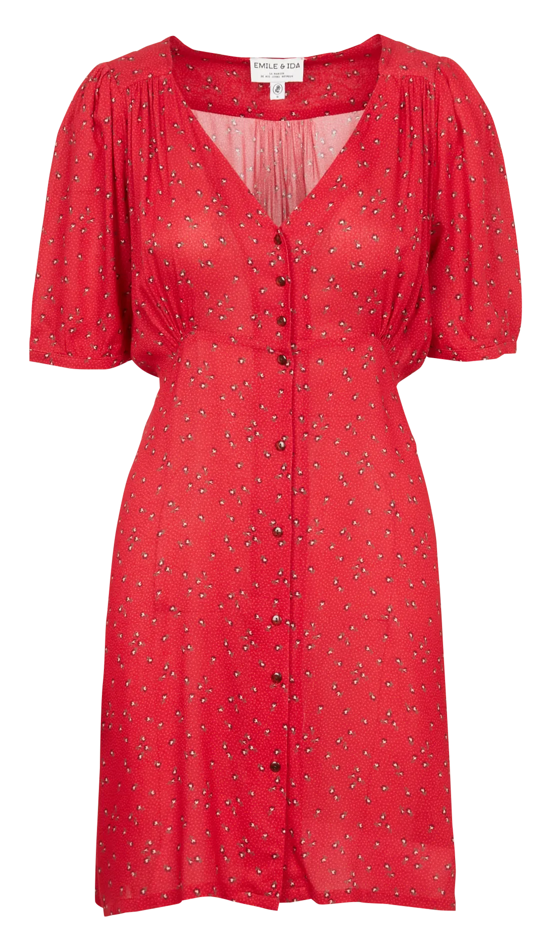 EMILE ET IDA ZIMBA - Vestido camisero recto estampado con cuello de pico en rojo