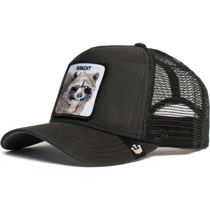 Gorra Animales GOORIN BROS THE BANDIT negra rejilla ajustable con parche mapache