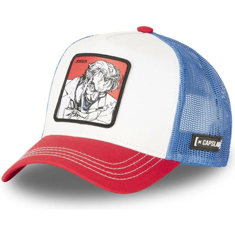 Gorra CAPSLAB Joker LAU2 DC Comics trucker blanca, azul y roja