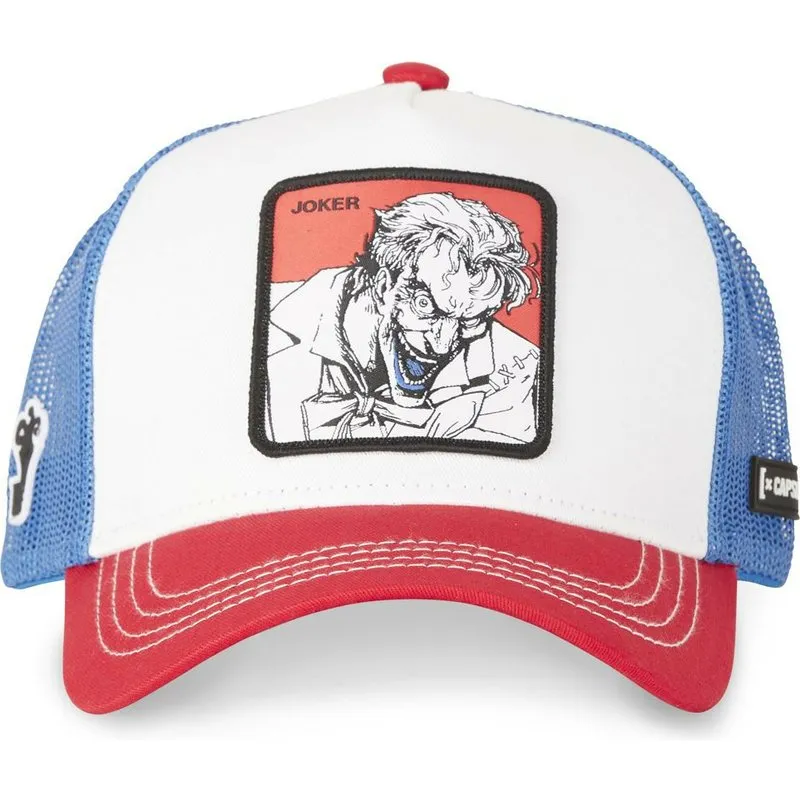 Gorra CAPSLAB Joker LAU2 DC Comics trucker blanca, azul y roja