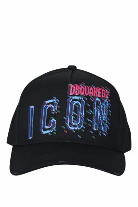 Gorra negra con logo icon pixeled  turquesa y fucsia