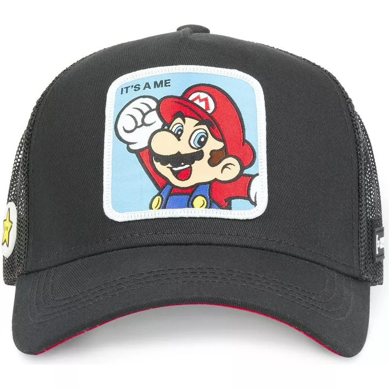 Gorra superheroes CAPSLAB MARIO IT’S A ME Trucker negra con parche bordado rejilla y ajustable negra