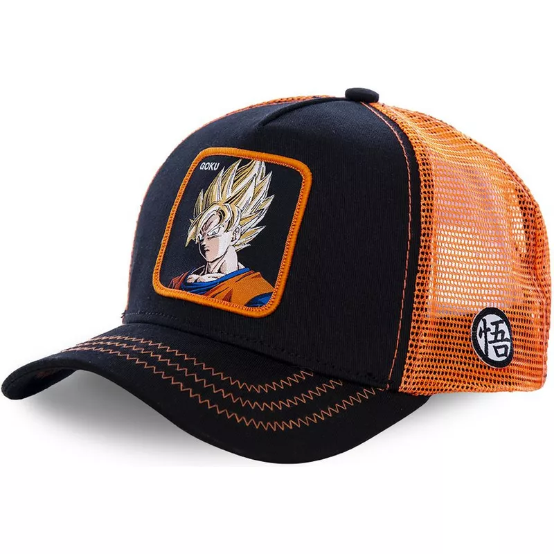 Gorra superheroes CAPSLAB trucker Son Goku Super Saiyan GO3 Dragon Ball color  negra y naranja