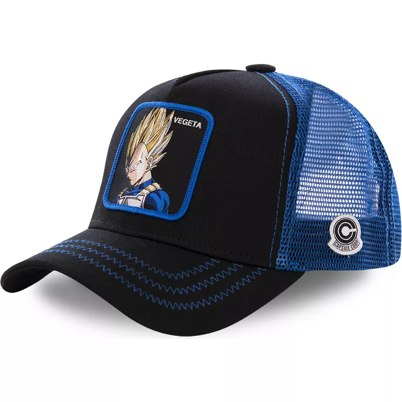 Gorra superheroes CAPSLAB Vegeta Super Saiya parche bordado visera curva, rejilla y ajustable negra y azul