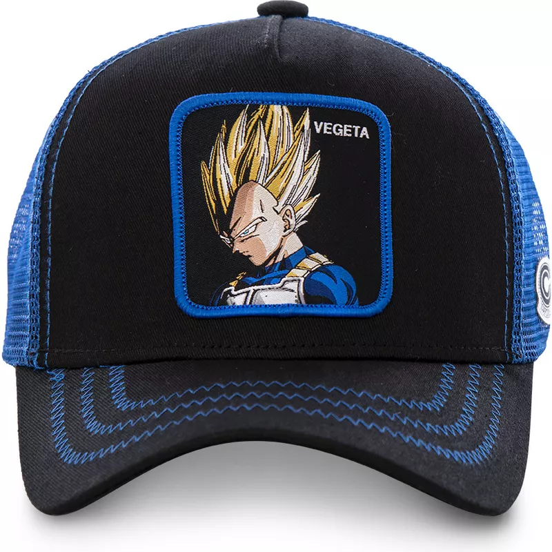 Gorra superheroes CAPSLAB Vegeta Super Saiya parche bordado visera curva, rejilla y ajustable negra y azul