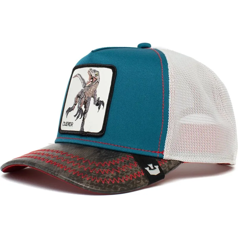 Gorra trucker Goorin bros rejilla y ajustable CLEVER SWIFT ROBBER velociraptor azul y blanca