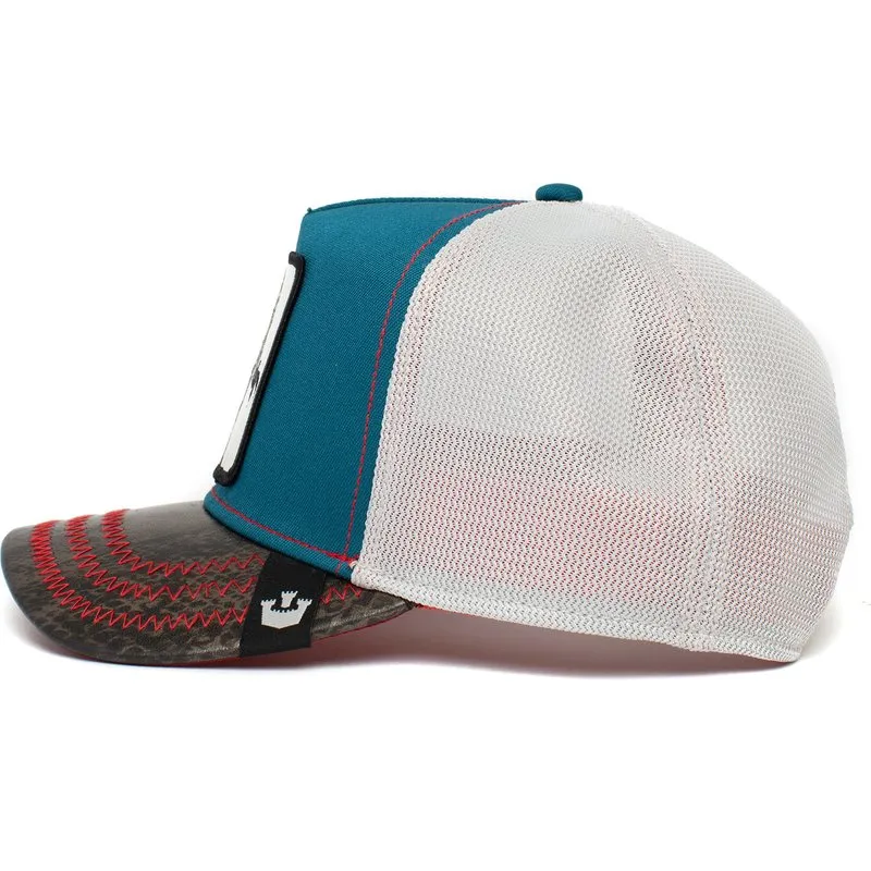 Gorra trucker Goorin bros rejilla y ajustable CLEVER SWIFT ROBBER velociraptor azul y blanca