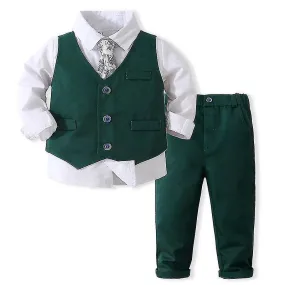 Kid Solid Color Dress Shirt+vest+pant+tie Set Elastic Waist Formal Dressy Outfit Lapel Neck Gentleman Suit