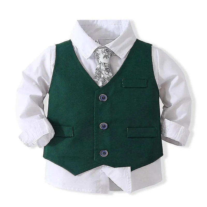 Kid Solid Color Dress Shirt+vest+pant+tie Set Elastic Waist Formal Dressy Outfit Lapel Neck Gentleman Suit