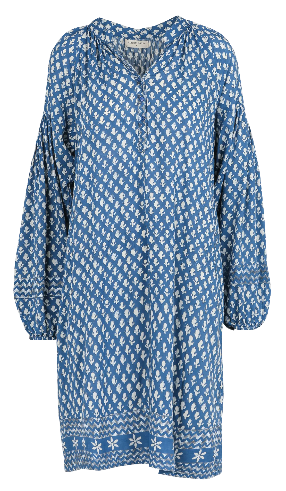 MAISON HOTEL NATALIA - Vestido corto estampado con cuello tunecino en azul