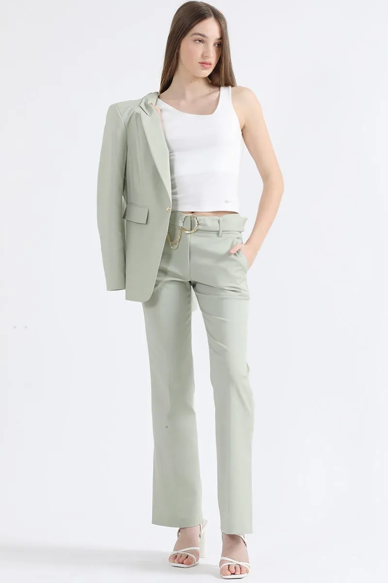 PANTALON FLARE, TIRO MEDIO, CON CINTURON, VERDE