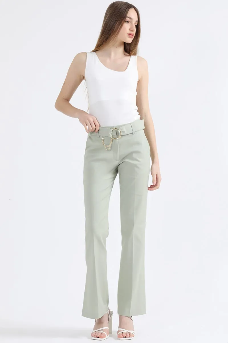 PANTALON FLARE, TIRO MEDIO, CON CINTURON, VERDE