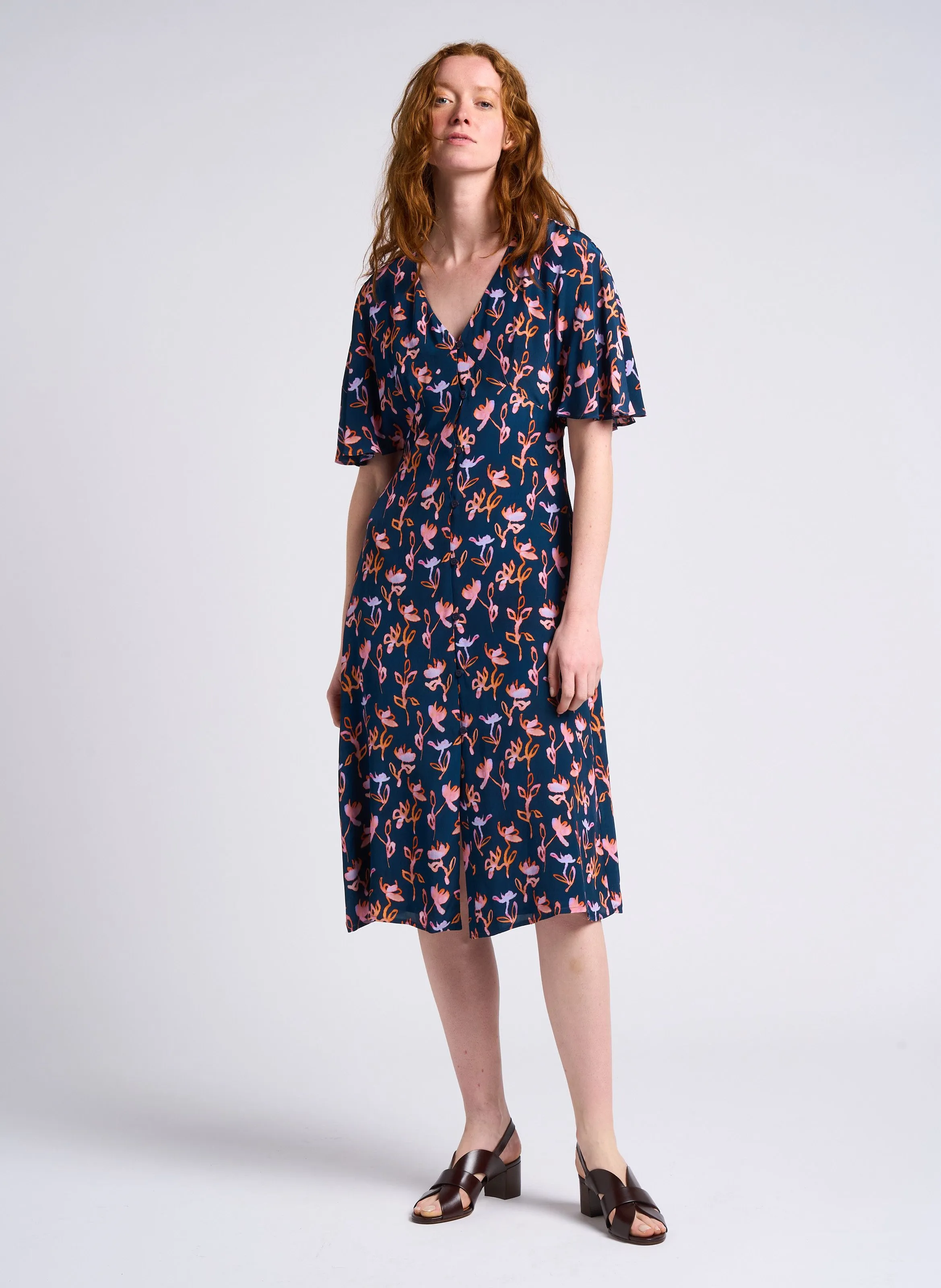 PAUL SMITH Vestido midi con cuello de pico y estampado floral en azul