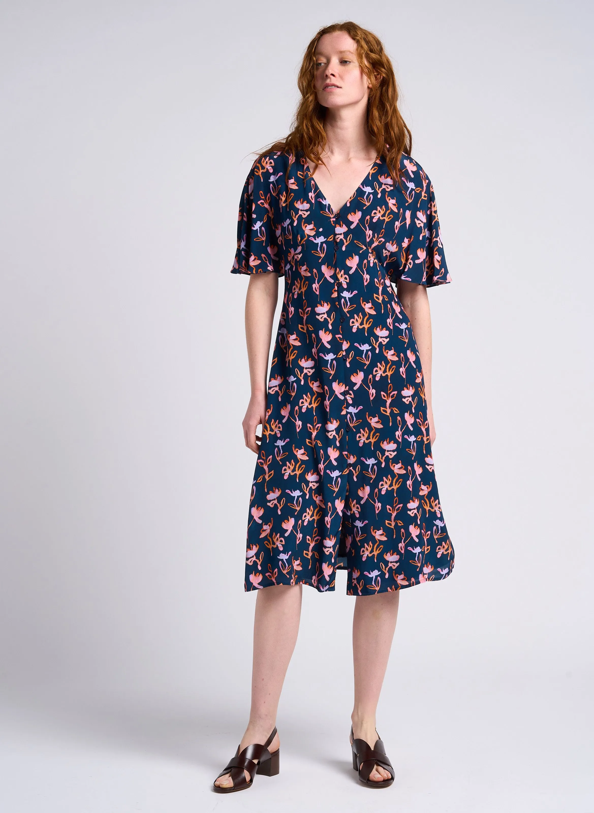 PAUL SMITH Vestido midi con cuello de pico y estampado floral en azul