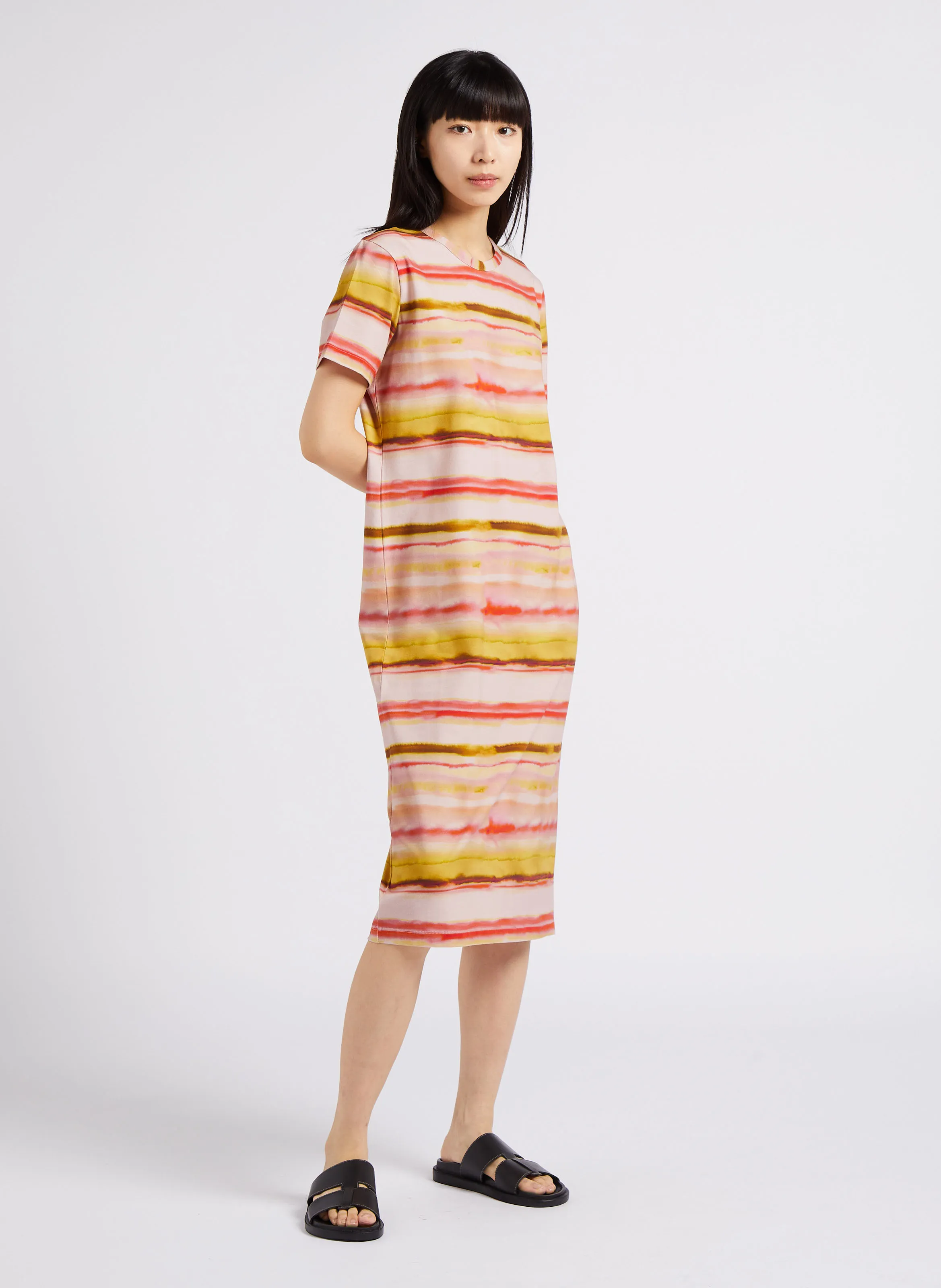 PAUL SMITH Vestido midi recto de mezcla de algodón con cuello redondo en rosa