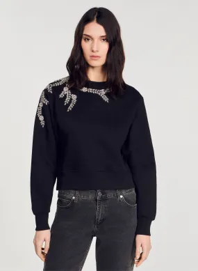 Sudadera de mezcla de algodón con cuello redondo y strass en negro