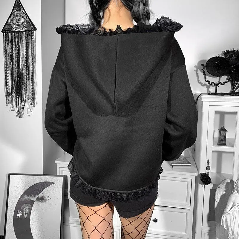 Sudadera estampada de moda con capucha de encaje de estilo oscuro para mujer