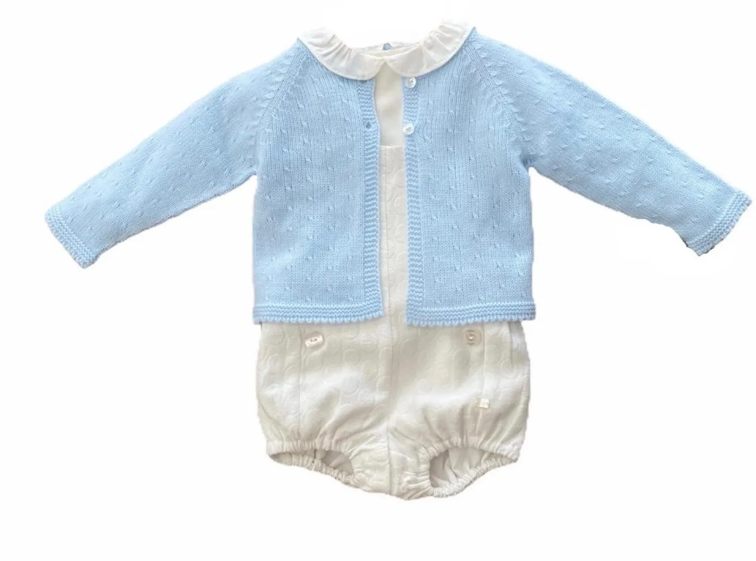 Three-piece boy's outfit. Light blue and raw.