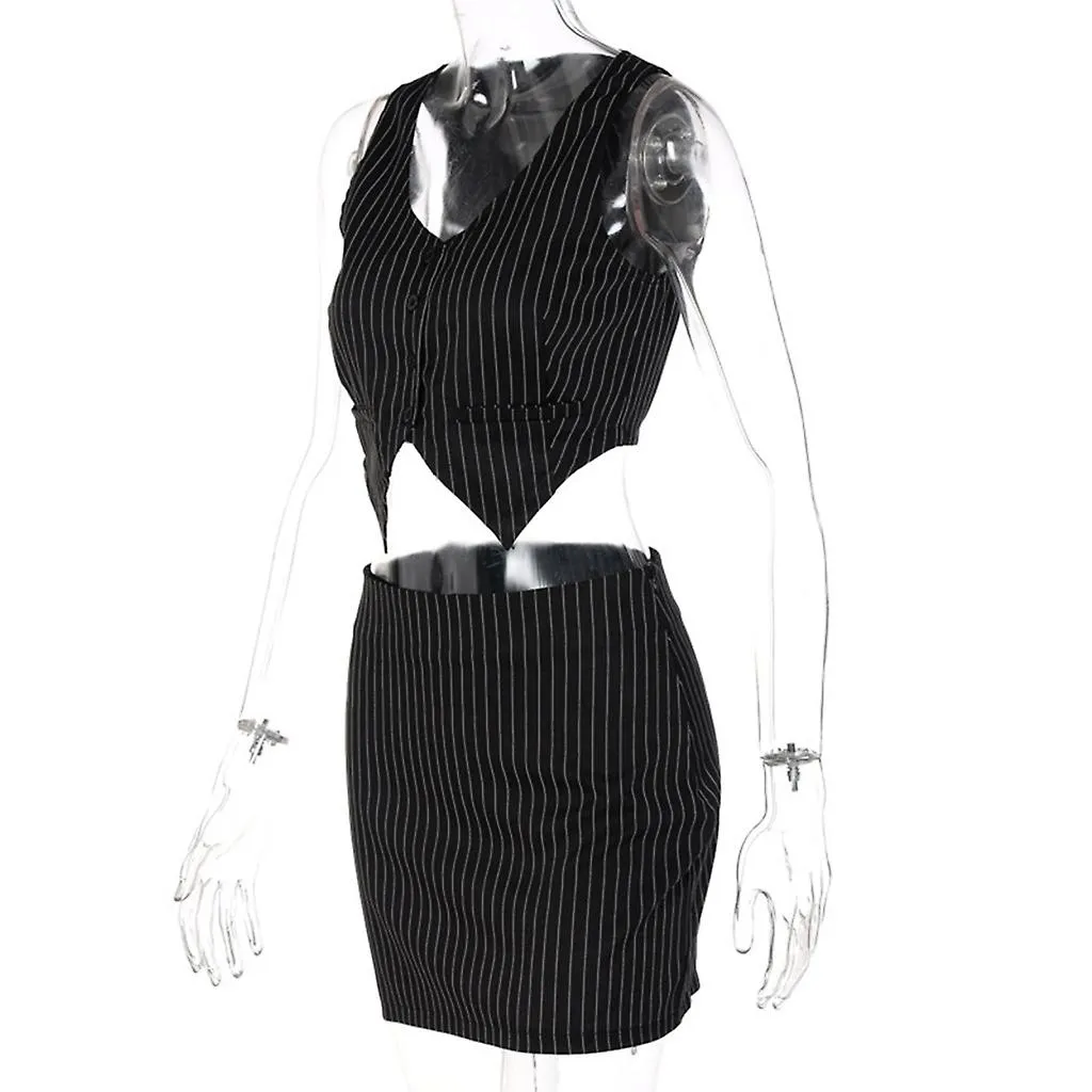 Women 2 Piece Outfit Striped Print Tuxedo Suit Waistcoat And Short Pencil Skirt