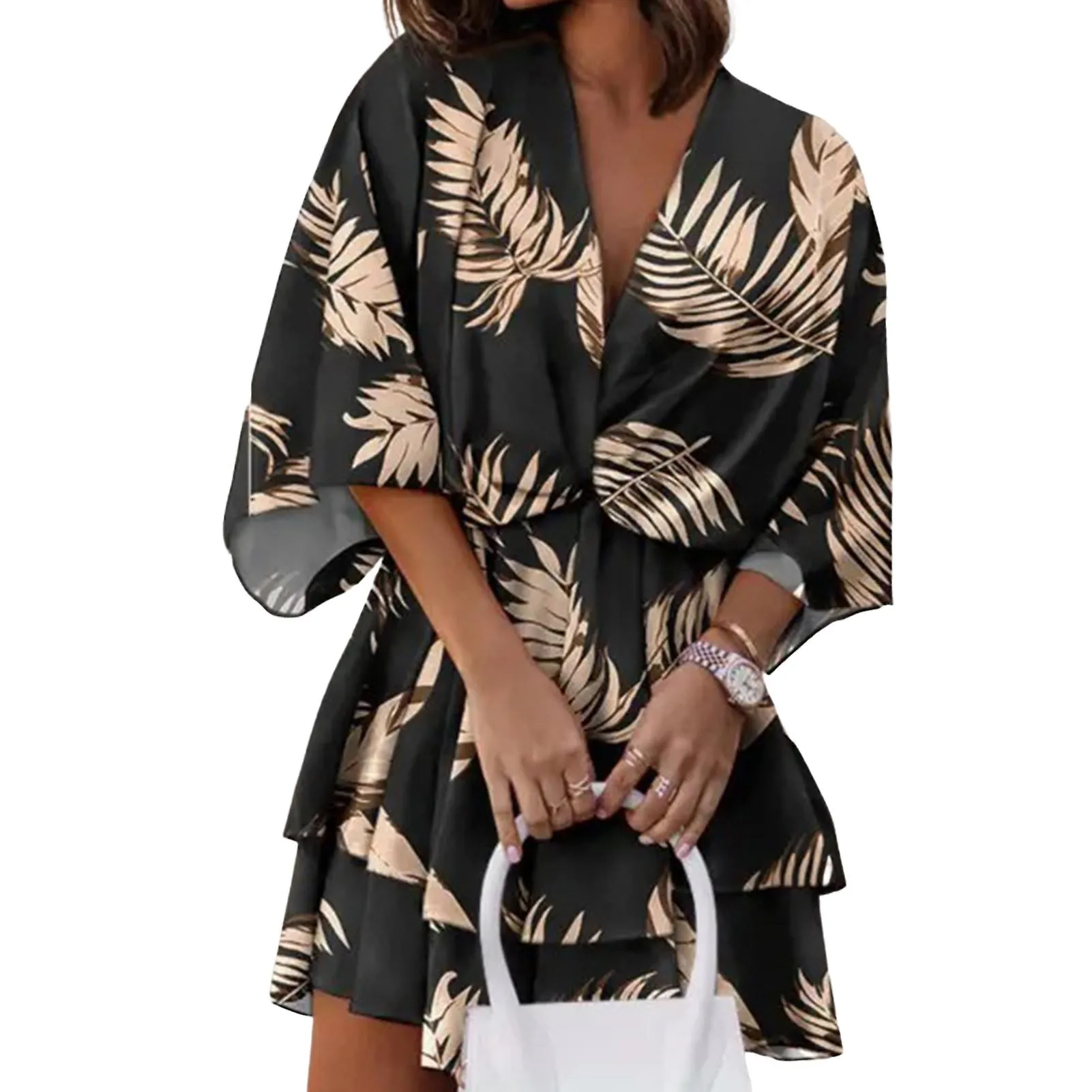 Women's Loose Mini Dresses Summer Deep V-neck Floral Printed Dress For Office Work Outfit