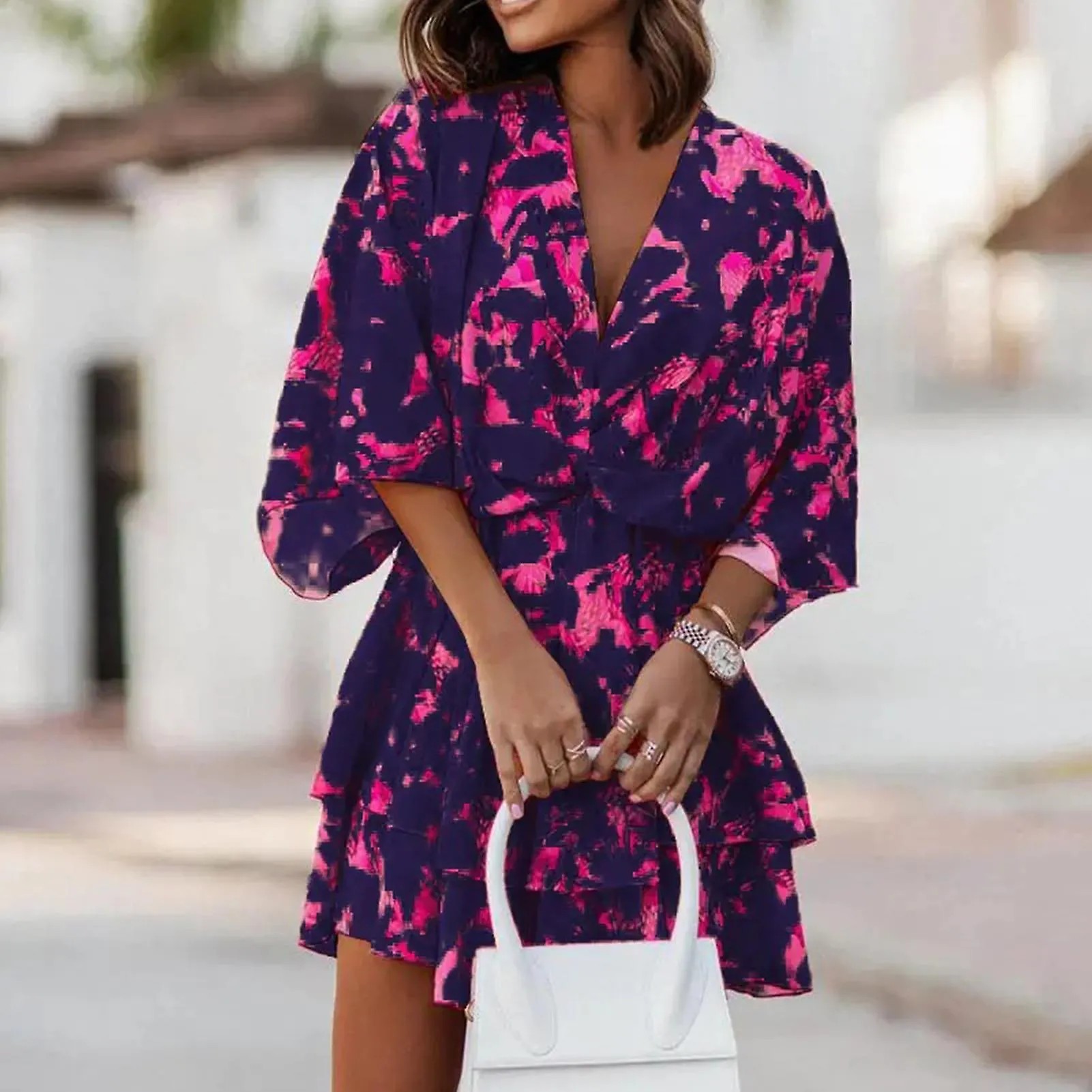 Women's Loose Mini Dresses Summer Deep V-neck Floral Printed Dress For Office Work Outfit