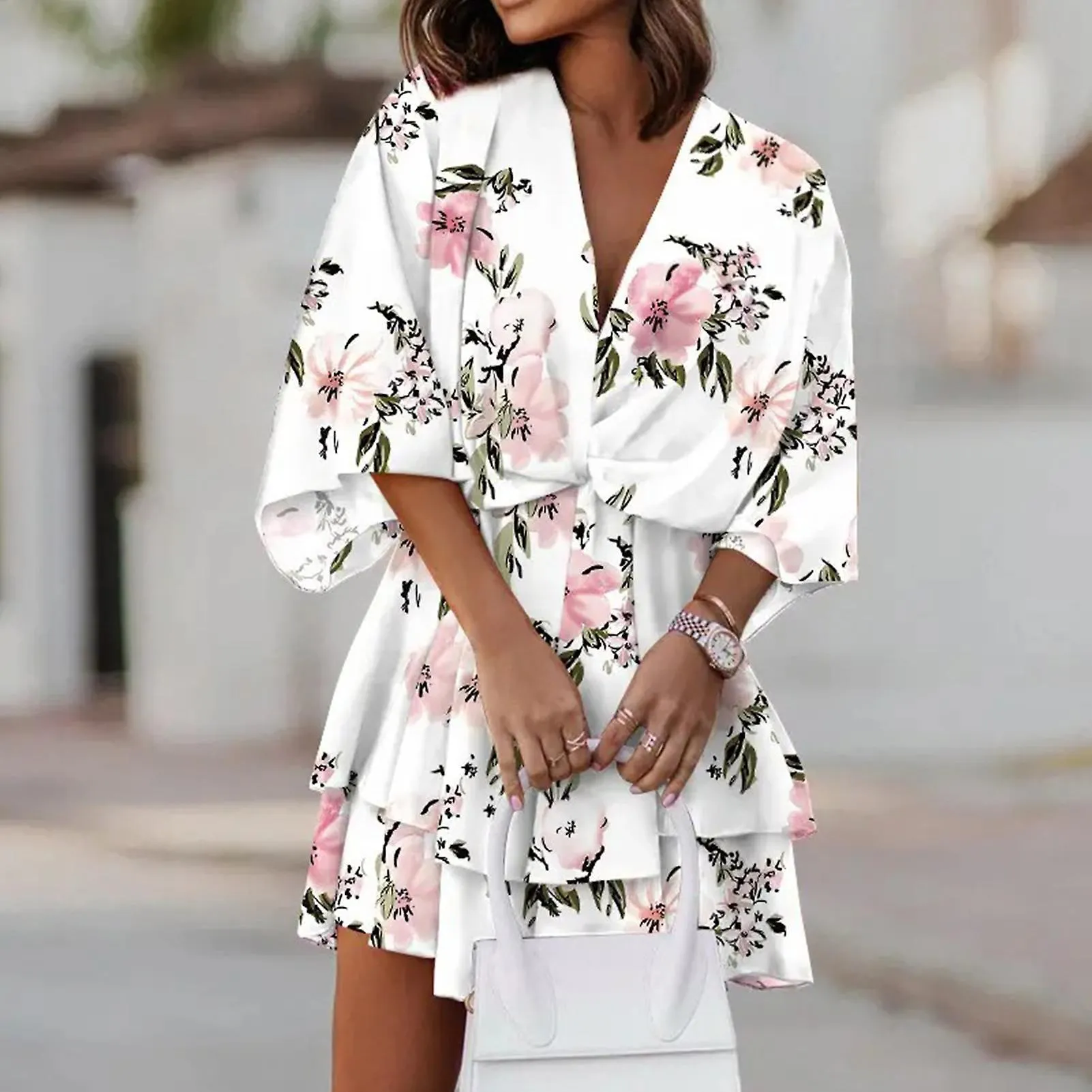 Women's Loose Mini Dresses Summer Deep V-neck Floral Printed Dress For Office Work Outfit