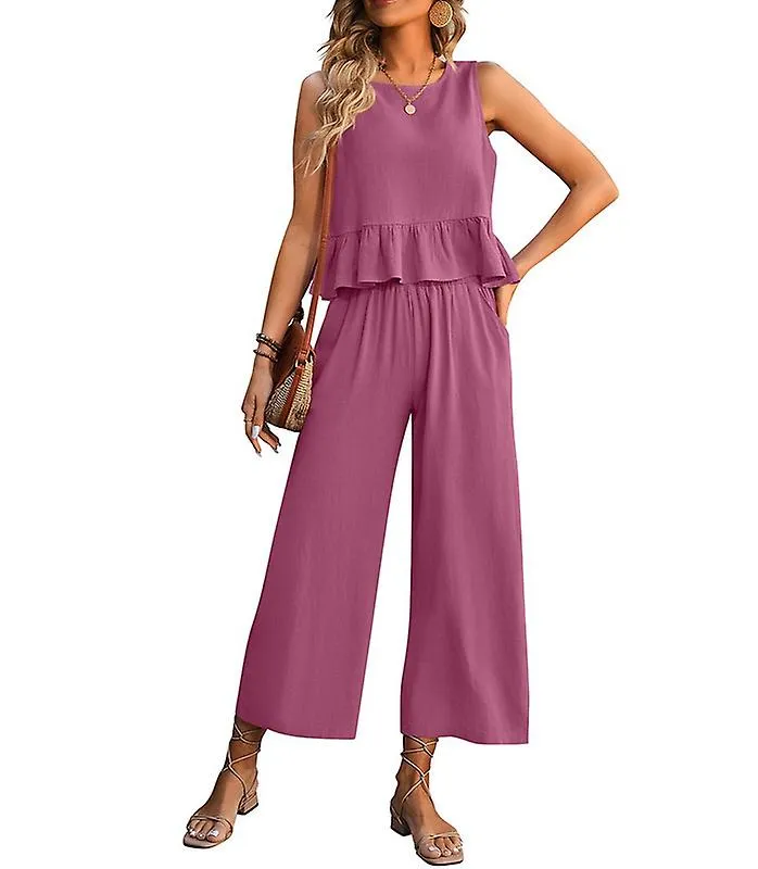 Women's Summer 2 Piece Outfit Sets Sleeveless Square Neck Wide With Pocketspurple Red