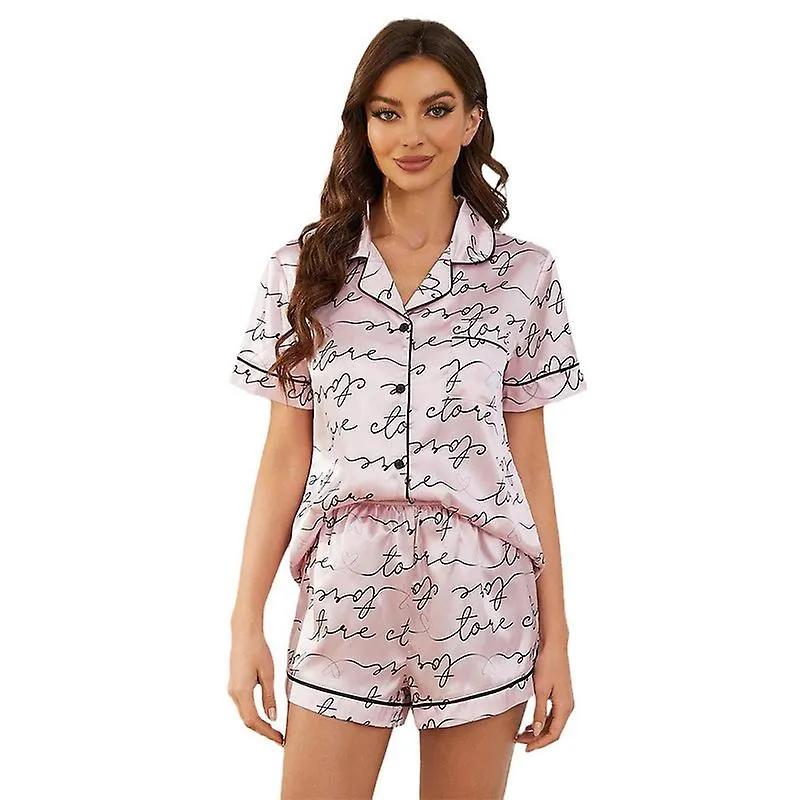 Women's Summer Short Sleeves Pajama Button Satin Silk Pajama Set