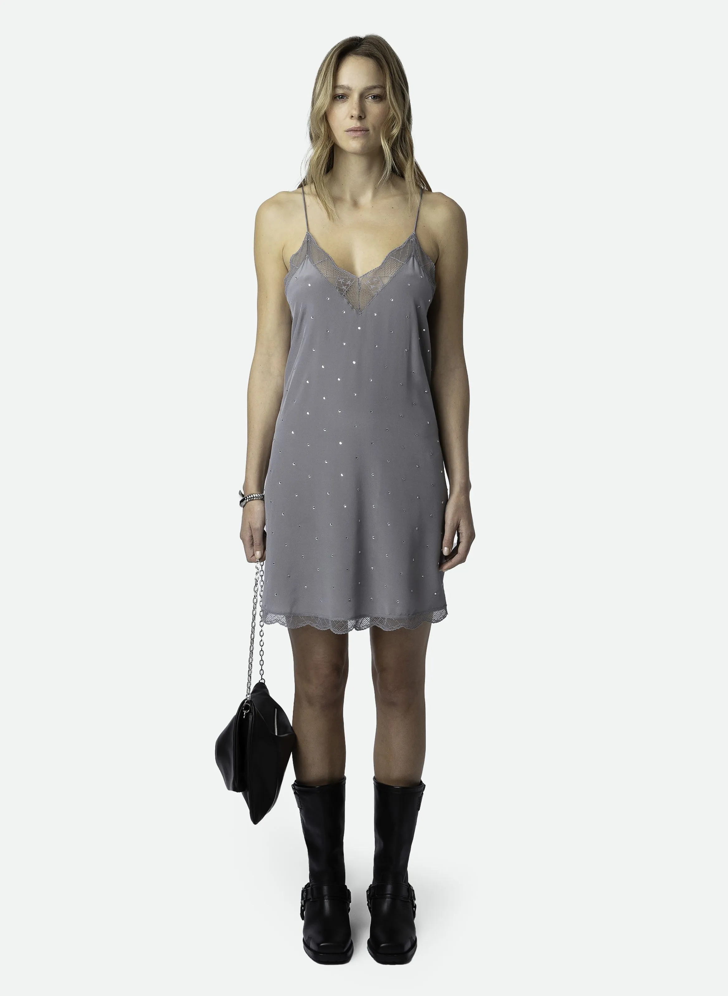 ZADIG&VOLTAIRE RISTYZ - Vestido corto de tirantes con pedrería de seda en gris