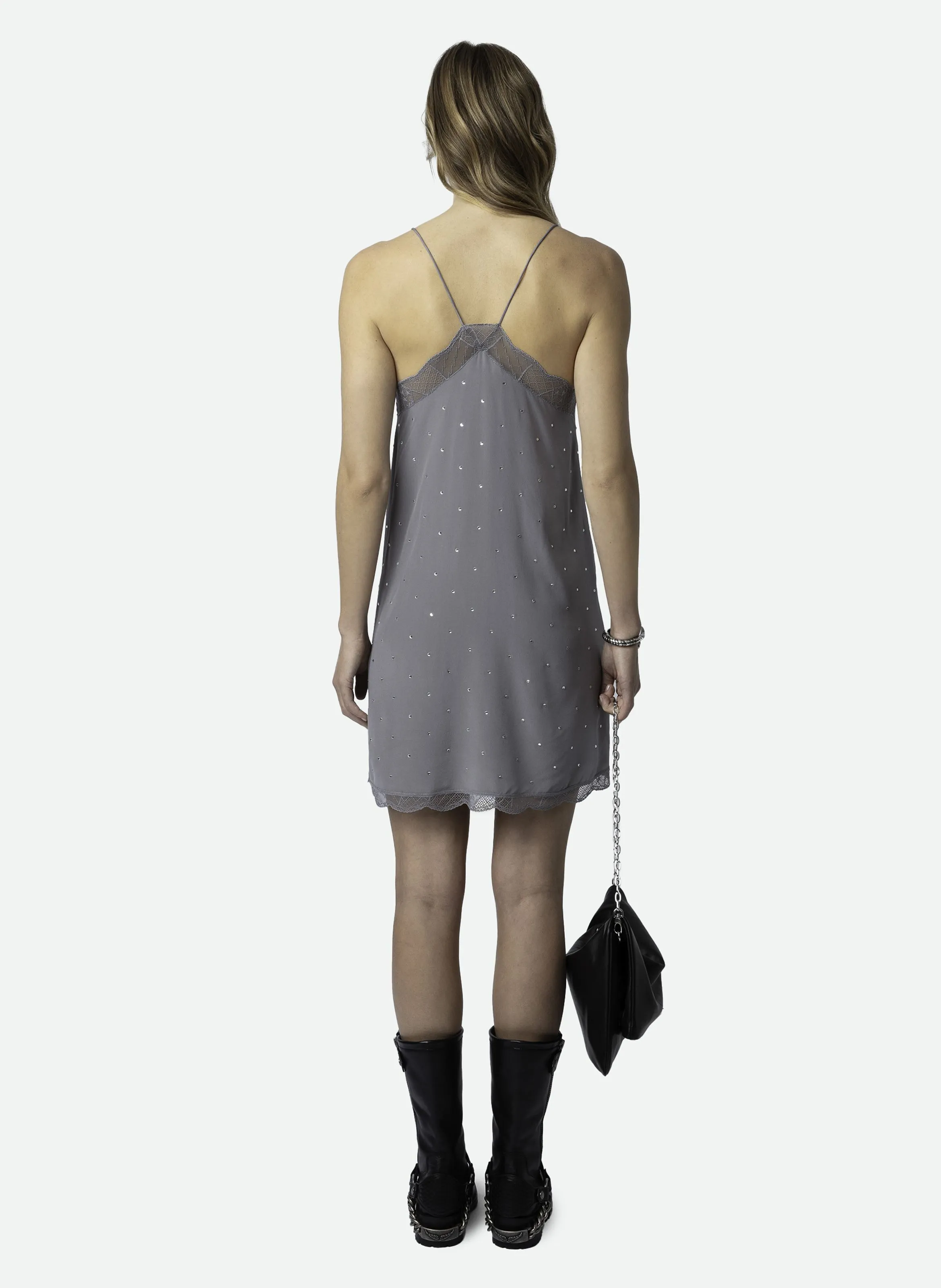 ZADIG&VOLTAIRE RISTYZ - Vestido corto de tirantes con pedrería de seda en gris