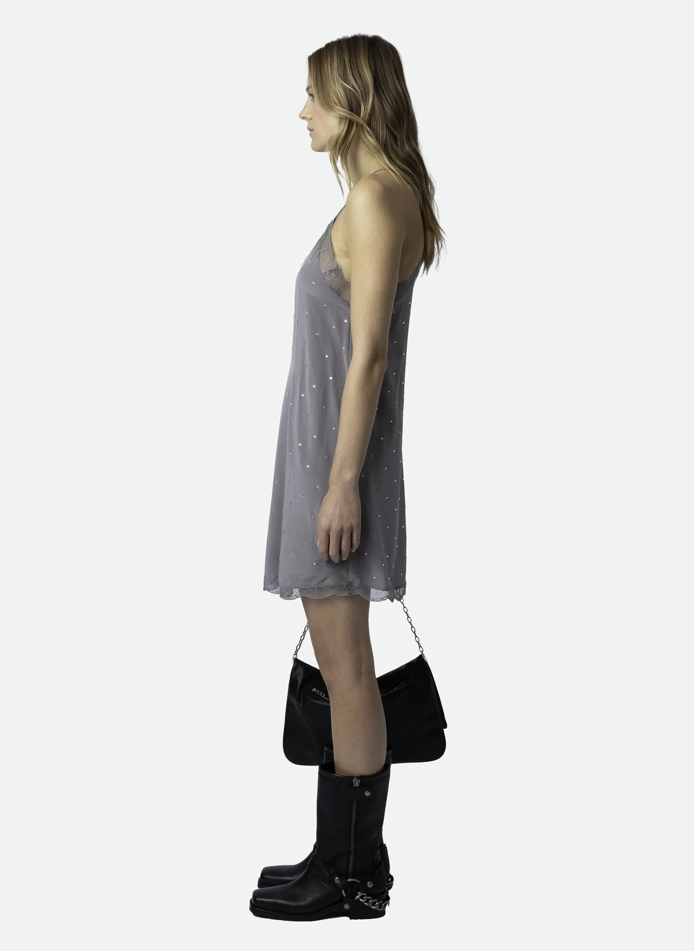 ZADIG&VOLTAIRE RISTYZ - Vestido corto de tirantes con pedrería de seda en gris