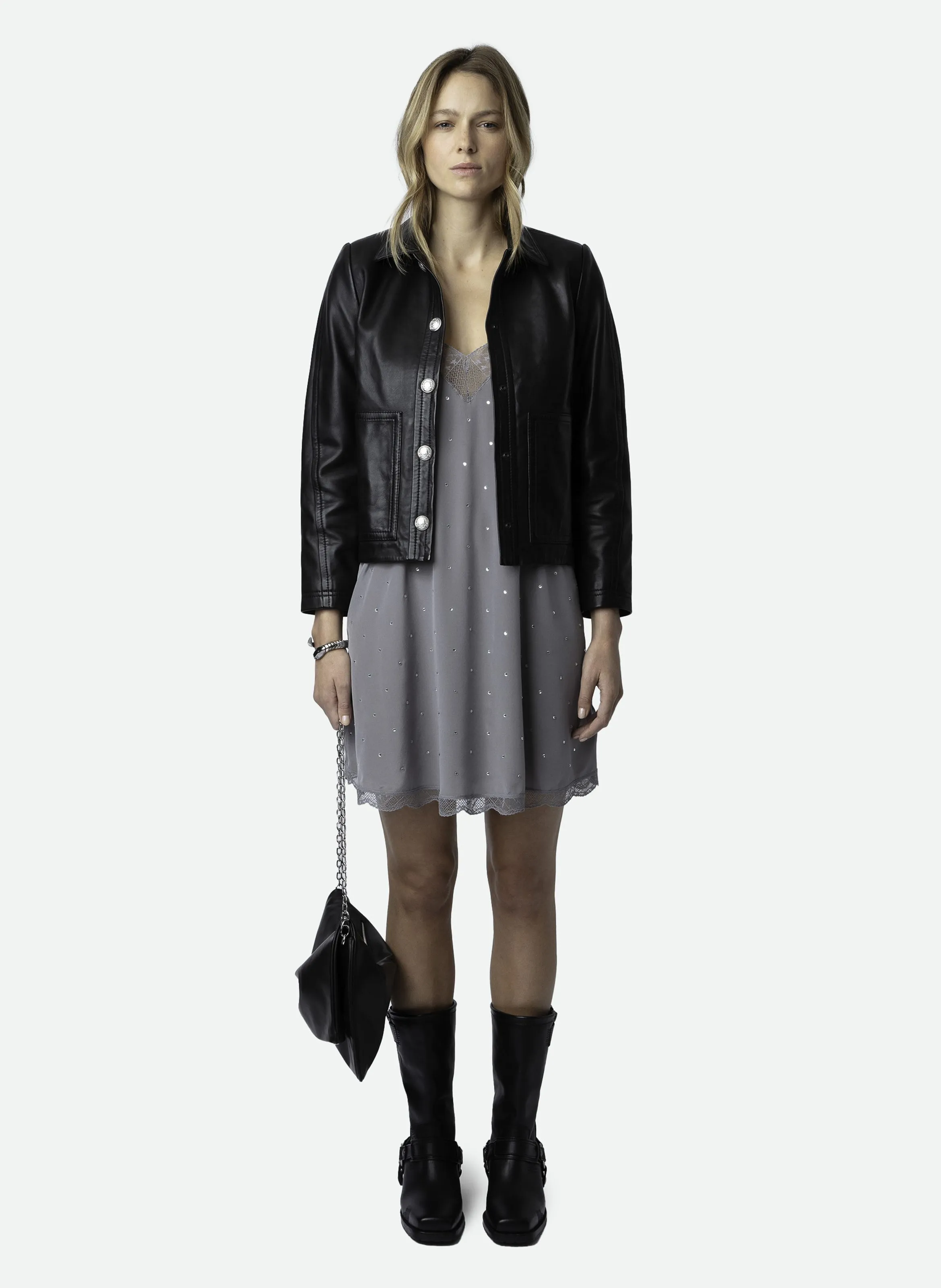 ZADIG&VOLTAIRE RISTYZ - Vestido corto de tirantes con pedrería de seda en gris